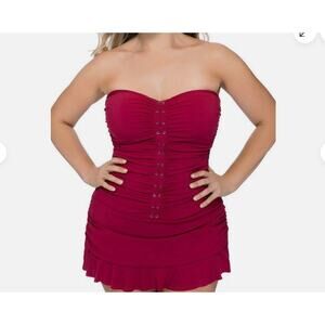 Profile by Gottex Women's Raspberry Ruched One Piece Moto Swimsuit Swim Dress 10
